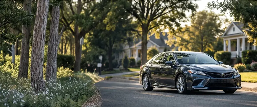 Sedan parked on a tree-lined residential street