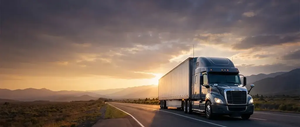 Semi truck on an open highway at sunset